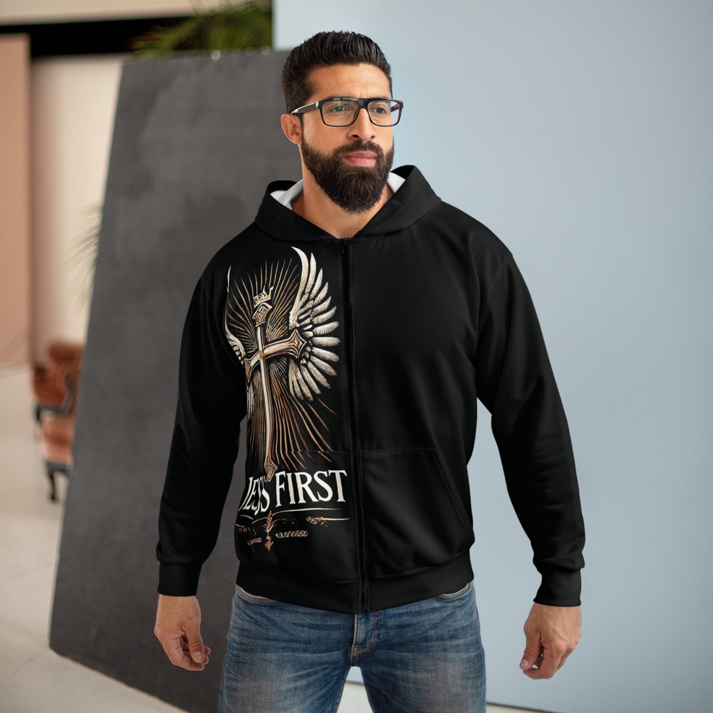 Inspirational Unisex Zip Hoodie - Jesus First & No Weapon Formed Designs