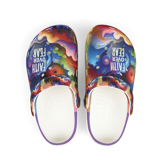 Colorful Kids' crocs - "Faith Over Fear" Inspirational Foam Slip-Ons