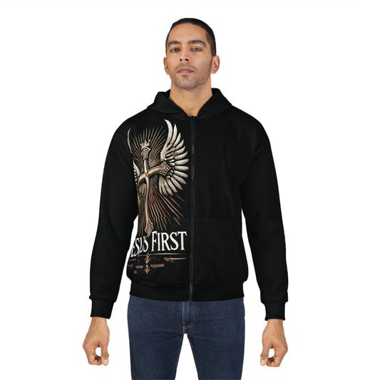 Inspirational Unisex Zip Hoodie - Jesus First & No Weapon Formed Designs