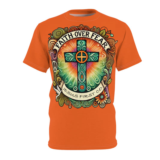 Faith Over Fear Cut & Sew Tee - Colorful Religious Graphic T-Shirt